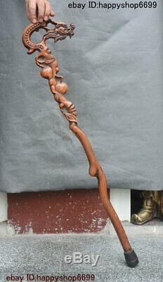 36 China Boxwood Carved Dragon Loong Crutch Walking Stick Crutches Cane Statue