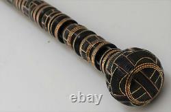 36 Egyptian Hand carved Ebony Wood Walking Cane Stick, Brass & copper Inlay #12