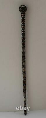 36 Egyptian Hand carved Ebony Wood Walking Cane Stick, Brass & copper Inlay #16
