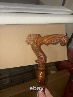 36 Hand Carved Lion Head Handle Wooden Walking Stick Handmade Walking Cane Gift