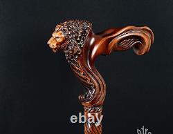 36 Lion Head Wood Carved Walking Stick Ergonomic Palm Grip Handle Wooden Gift