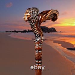 36Lion Head Wood Carved Walking Stick Cane, Ergonomic Palm, for Men Women Gift