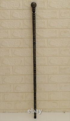 37 Egyptian Hand carved Ebony Wood Walking Cane Stick, Brass Inlay, 94 cm