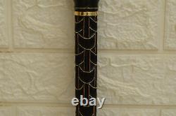 38 Egyptian Hand carved Ebony Wood Walking Cane Stick, Brass & Copper Inlay
