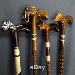 4 pcs African animals Hand Carving Walking Stick Handmade Cane Hiking Stick