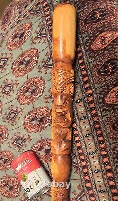 41 HAWAIIAN KOA WOOD walking stick carved tiki god statue tattoo vtg art cane