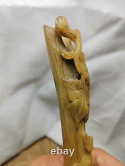 A Chinese Antique Hand Carved Horn Walking Stick Handle With A Fox Under the