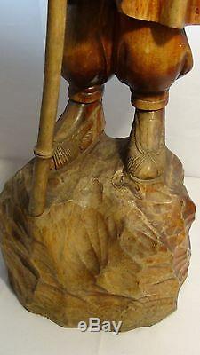 ANTIQUE 19c CHINESE LARGE TEAK WOOD CARVED OLD MAN WITH A WALKING STICK STATUE