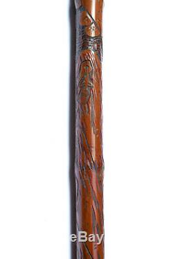 ANTIQUE 19thC JAPANESE MEIJI PERIOD CARVED BAMBOO WALKING STICK, WARRIOR & EAGLE