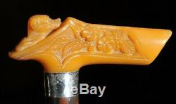 ANTIQUE CARVED BAKELITE DOG HEAD WALKING STICK CANE with STERLING SILVER BAND