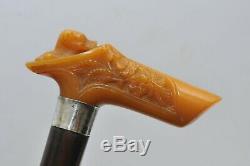 ANTIQUE CARVED BAKELITE DOG HEAD WALKING STICK CANE with STERLING SILVER BAND