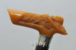 ANTIQUE CARVED BAKELITE DOG HEAD WALKING STICK CANE with STERLING SILVER BAND