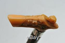 ANTIQUE CARVED BAKELITE DOG HEAD WALKING STICK CANE with STERLING SILVER BAND