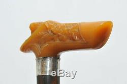 ANTIQUE CARVED BAKELITE DOG HEAD WALKING STICK CANE with STERLING SILVER BAND