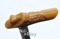 ANTIQUE CARVED BAKELITE DOG HEAD WALKING STICK CANE with STERLING SILVER BAND