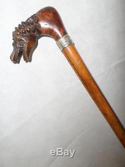 ANTIQUE CARVED DRAGON HEAD WALKING CANE With LEAFY DETAILED SILVER COLLAR