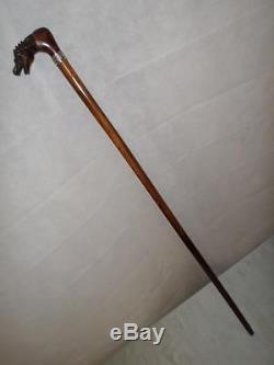 ANTIQUE CARVED DRAGON HEAD WALKING CANE With LEAFY DETAILED SILVER COLLAR