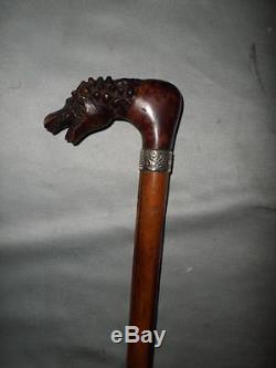 ANTIQUE CARVED DRAGON HEAD WALKING CANE With LEAFY DETAILED SILVER COLLAR