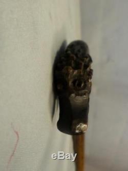 ANTIQUE CARVED DRAGON HEAD WALKING CANE With LEAFY DETAILED SILVER COLLAR