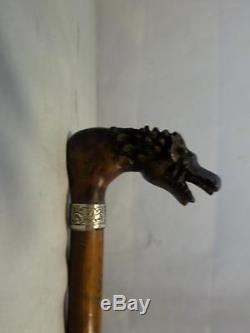 ANTIQUE CARVED DRAGON HEAD WALKING CANE With LEAFY DETAILED SILVER COLLAR