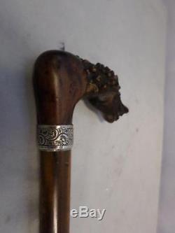 ANTIQUE CARVED DRAGON HEAD WALKING CANE With LEAFY DETAILED SILVER COLLAR