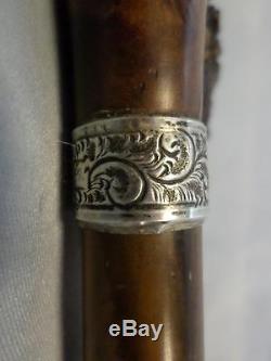 ANTIQUE CARVED DRAGON HEAD WALKING CANE With LEAFY DETAILED SILVER COLLAR