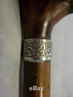 ANTIQUE CARVED DRAGON HEAD WALKING CANE With LEAFY DETAILED SILVER COLLAR