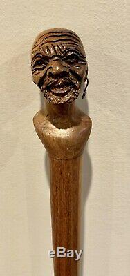 ANTIQUE HAND CARVED AFRICAN AMERICAN MAN With EARRING WOODEN WALKING STICK RARE
