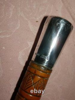 ANTIQUE Holly Hand Carved Flowers & Birds Silver Top WALKING CANE STICK-By Brigg