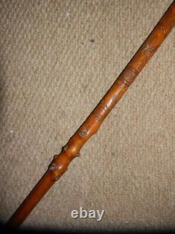 ANTIQUE Holly Hand Carved Flowers & Birds Silver Top WALKING CANE STICK-By Brigg