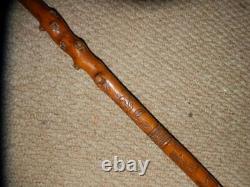 ANTIQUE Holly Hand Carved Flowers & Birds Silver Top WALKING CANE STICK-By Brigg