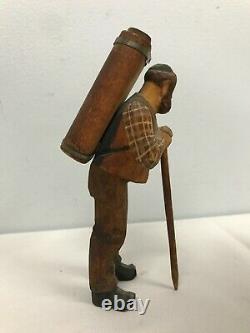 ANTIQUE SWISS BLACK FOREST WOOD CARVED MAN with PACK & WALKING STICK 6 1/2