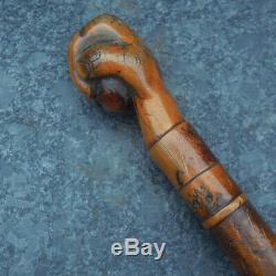 ANTIQUE TREEN Carved Yew Wood FOLK ART Walking Stick CANE Handle Clenched Fist