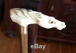 ANTIQUE WALKING STICK / CANE HAND CARVED HORSES with HORSESHOE LETTER SEAL