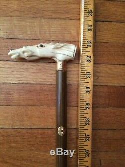 ANTIQUE WALKING STICK / CANE HAND CARVED HORSES with HORSESHOE LETTER SEAL