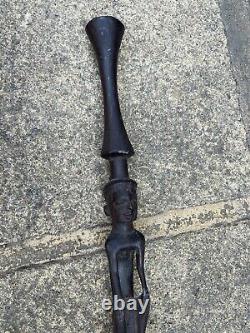 African Hand Carved Walking Stick Antique Hunting Heads