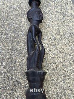 African Hand Carved Walking Stick Antique Hunting Heads