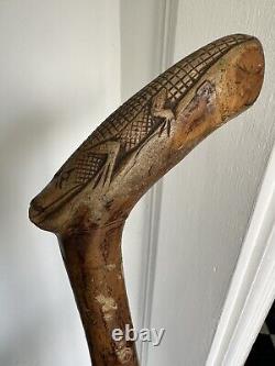 Alligator Hand Carved Wood Folk Art Florida Walking Stick Cane 35