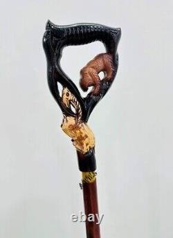 Animal Walking Stick Cane Staff Bear Hunting Gazelle, Wood Carved Crafted Handle