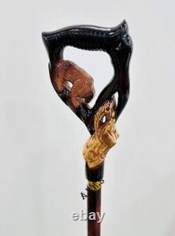 Animal Walking Stick Cane Staff Bear Hunting Gazelle, Wood Carved Crafted Handle