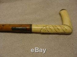 Antique 1800'S Bone CARVED Handle Walking Stick CANE Sterling Engraved WOOD OLD