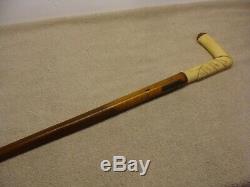 Antique 1800'S Bone CARVED Handle Walking Stick CANE Sterling Engraved WOOD OLD