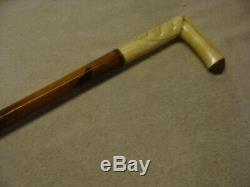 Antique 1800'S Bone CARVED Handle Walking Stick CANE Sterling Engraved WOOD OLD