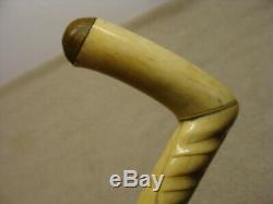 Antique 1800'S Bone CARVED Handle Walking Stick CANE Sterling Engraved WOOD OLD