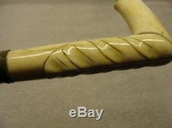 Antique 1800'S Bone CARVED Handle Walking Stick CANE Sterling Engraved WOOD OLD