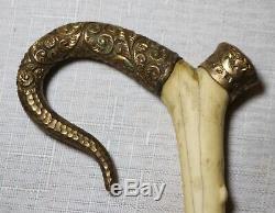 Antique 1800's 19th c hand carved wood yellow gold Victorian walking stick cane