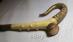 Antique 1800's 19th c hand carved wood yellow gold Victorian walking stick cane