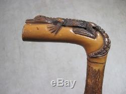 Antique 1800's Black Americana Carved Alligator Walking Stick Cane Folk Art USA