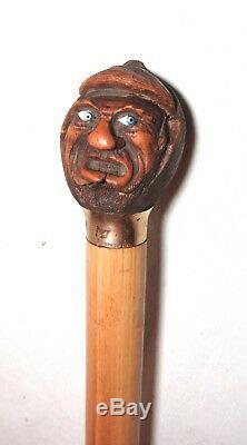 Antique 1800's Folk Art hand carved figural nut wood gold cane walking stick