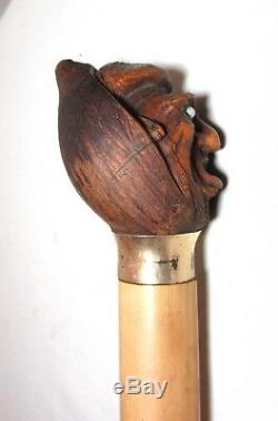Antique 1800's Folk Art hand carved figural nut wood gold cane walking stick